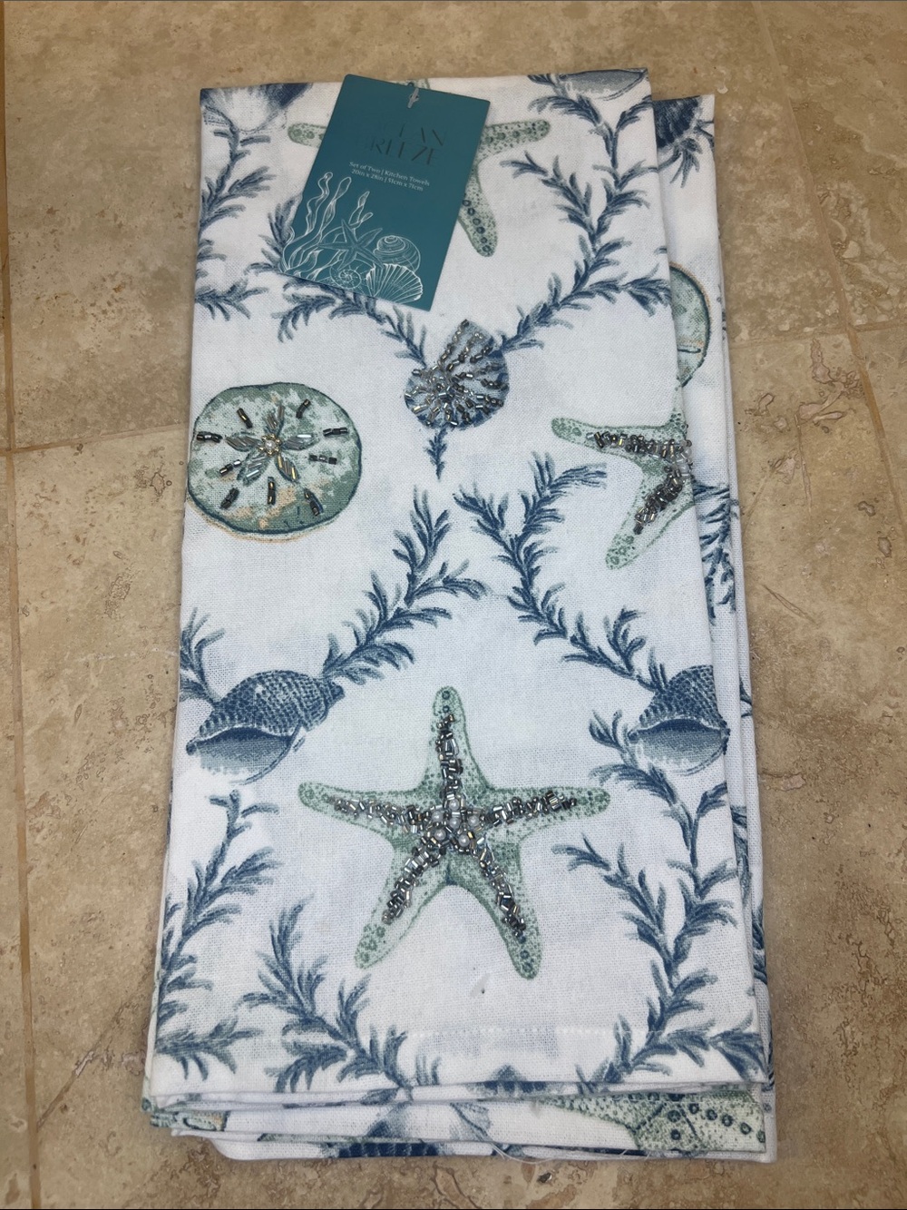 Coastal Starfish Embellished Hand Towel - Blue/White